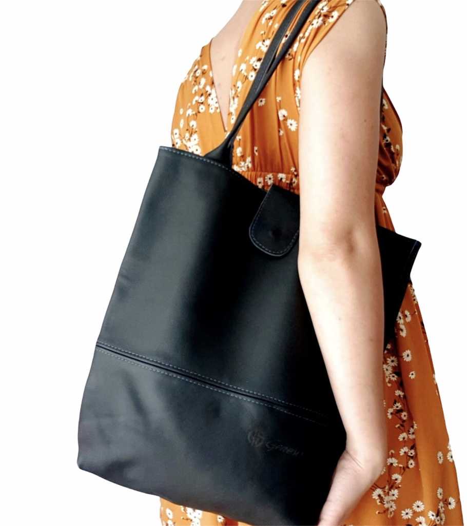 Genesis Style Genuine Leather Shopper Bag - Black