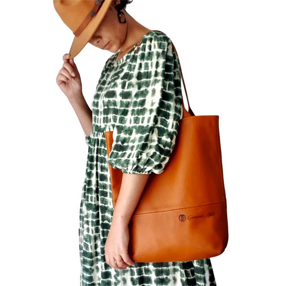 Genesis Style Genuine Leather Shopper Bag - Tan